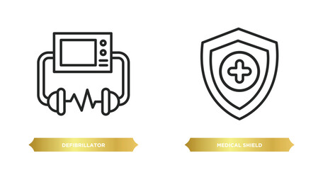 two editable outline icons from health and medical concept. thin line icons such as defibrillator, medical shield vector.