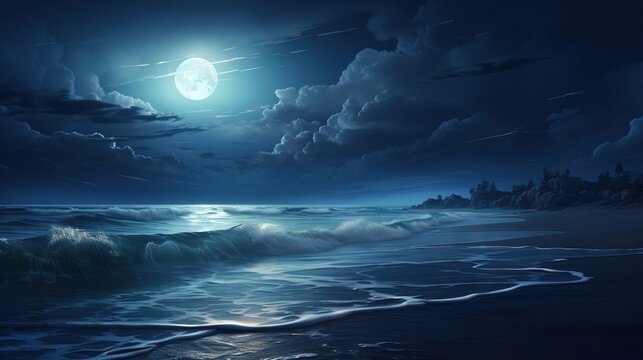  a painting of a full moon over the ocean at night.  generative ai