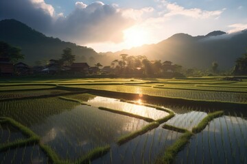 Obraz premium sun rays illuminating vibrant rice fields