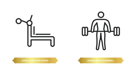 two editable outline icons from gym and fitness concept. thin line icons such as simulator for press, exercising dumbbell vector.