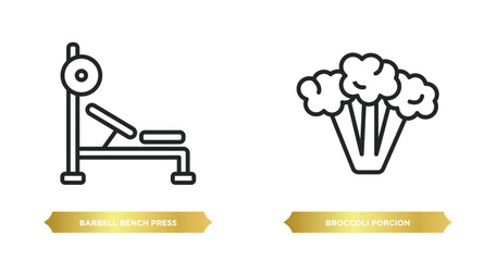 two editable outline icons from gym and fitness concept. thin line icons such as barbell bench press, broccoli porcion vector.