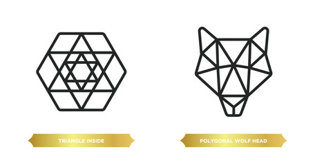 two editable outline icons from geometric figure concept. thin line icons such as triangle inside hexagon, polygonal wolf head vector.