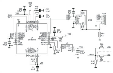 Schematic diagram of electronic device. 
Vector drawing electrical circuit with 
integrated circuit, resistor, capacitor, 
fuse, connector, quartz resonator, usb interface
 and other components.