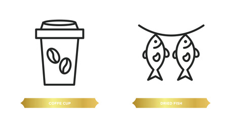 two editable outline icons from food concept. thin line icons such as coffe cup, dried fish vector.