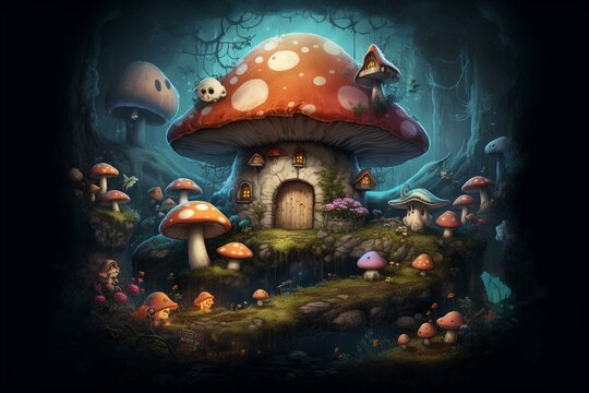 Fantastical Mushroom World With Anthropomorphic Characters And Villains, Like In Super Mario Games. Generative AI