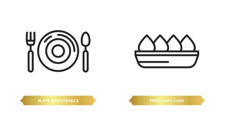 two editable outline icons from food concept. thin line icons such as plate and utensils, fried tofu curd balls vector.