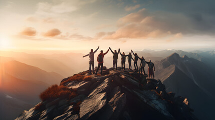 Teamwork concept with friends holding hands close to mountain top
