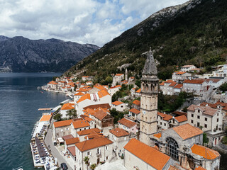 Naklejka na ściany i meble Drone view of the old town of Perast in the bay of Kotor, Montenegro.
