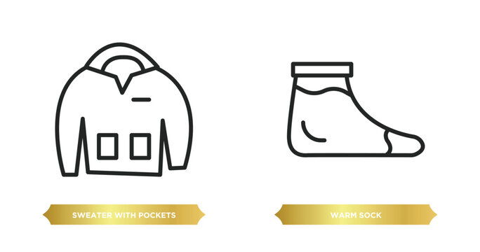 two editable outline icons from fashion concept. thin line icons such as sweater with pockets, warm sock vector.