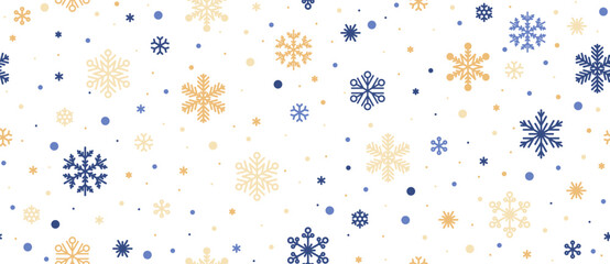 Snowflake pattern. Seamless Christmas gold blue white background.
