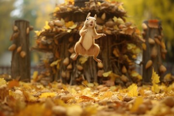 squirrel jumping over neat piles of leaves