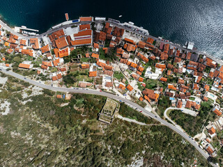 Drone view of the old town of Perast in the bay of Kotor, Montenegro.