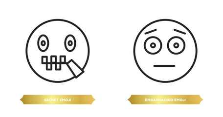 two editable outline icons from emoji concept. thin line icons such as secret emoji, embarrassed emoji vector.