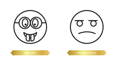 two editable outline icons from emoji concept. thin line icons such as nerd emoji, suspicious emoji vector.