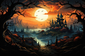 Halloween spooky background, scary jack o lantern pumpkins in creepy dark forest with bats, spooky trees, moon and old house Happy Haloween ghosts horror gothic mysterious night moonlight backdrop.