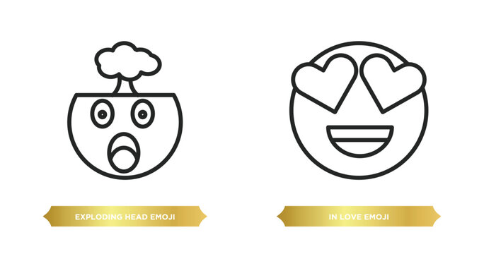 two editable outline icons from emoji concept. thin line icons such as exploding head emoji, in love emoji vector.
