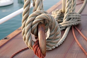 Fototapeta na wymiar bowline knot near sail rigging and pulleys