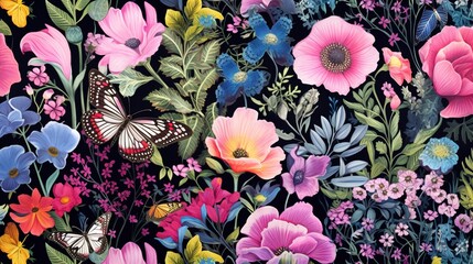  a painting of a bunch of flowers and a butterfly on a black background.  generative ai