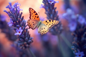 macro of butterfly on blooming lavender