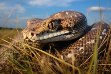 Obraz premium close-up of snake shedding skin in a grassy field