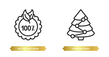 two editable outline icons from ecology concept. thin line icons such as 100 % natural badge, christmas trees vector.