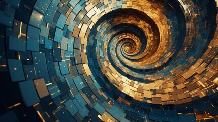 golden spiral, glitch art effect, gold, green, blue colours, 16:9
