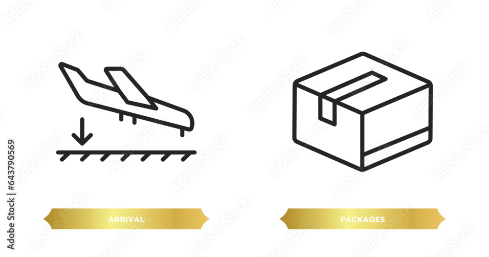 Poster two editable outline icons from delivery and logistic concept. thin line icons such as arrival, pack