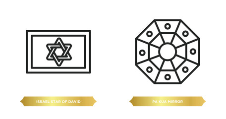 Fototapeta premium two editable outline icons from cultures concept. thin line icons such as israel star of david, pa kua mirror vector.