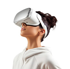 Young Woman wearing virtual reality glasses close-up, isolated on a white background, virtual reality technology concept, realistic design illustration, generative ai - 643790951
