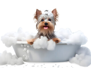 Cute little Yorkshire Terrier dog in a bath with foam, isolated on white background, cute pet concept, realistic 3d illustration, generative ai