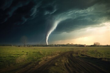 tornado through an empty field, dirt flying