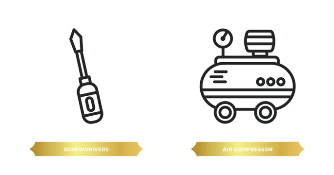 two editable outline icons from construction concept. thin line icons such as screwdrivers, air compressor vector.