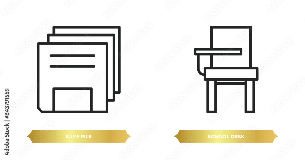 Poster two editable outline icons from computer concept. thin line icons such as save file, school desk vec