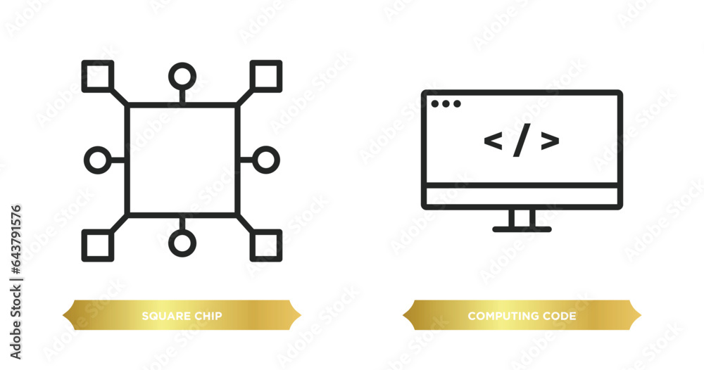 Poster two editable outline icons from computer concept. thin line icons such as square chip, computing cod