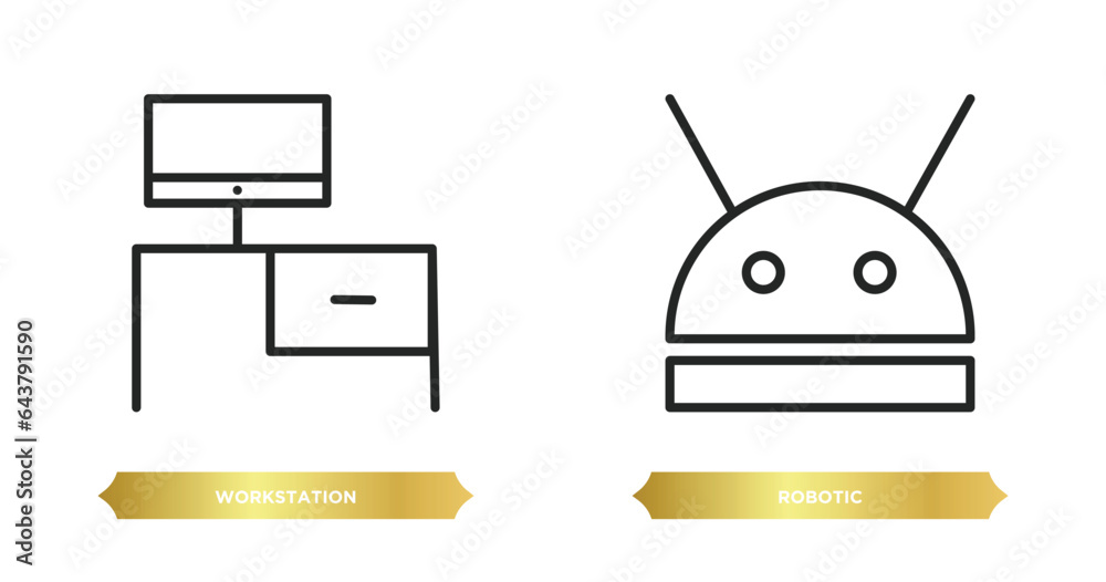 Poster two editable outline icons from computer concept. thin line icons such as workstation, robotic vecto