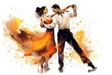 Graphic of Couple in Passionate Dance. Ink Painting Isolated on White Background.