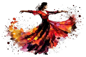 Woman Dancer in Red Dress Graphic. Ink Painting Isolated on White. - obrazy, fototapety, plakaty