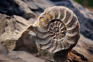 weathered ammonite fossil on a rocky surface