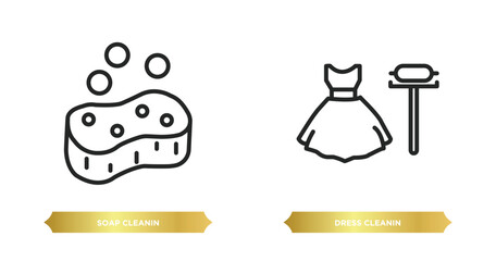 two editable outline icons from cleaning concept. thin line icons such as soap cleanin, dress cleanin vector.