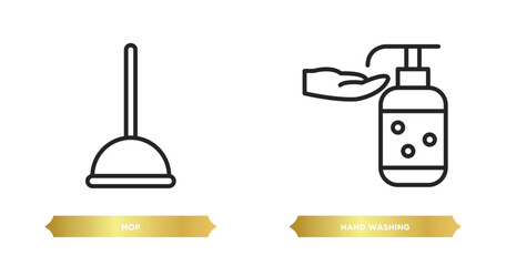 two editable outline icons from cleaning concept. thin line icons such as mop, hand washing vector.