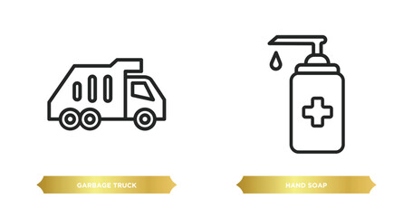 two editable outline icons from cleaning concept. thin line icons such as garbage truck, hand soap vector.