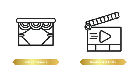 two editable outline icons from cinema concept. thin line icons such as cinema curtains, movie clapper open vector.