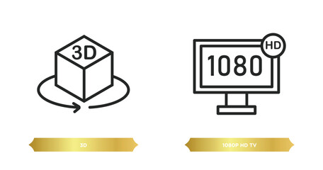 two editable outline icons from cinema concept. thin line icons such as 3d, 1080p hd tv vector.
