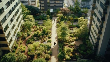 Sustainable city of gardens urban with green zones between buildings