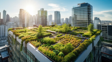 Top view of green roof in sustainable city - obrazy, fototapety, plakaty