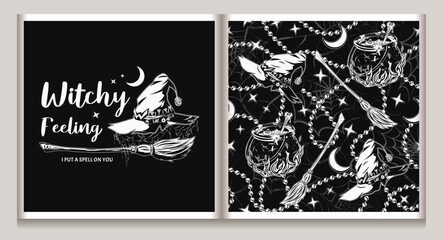 Set of monochrome halloween pattern, label with witch hat with cobwebby veil, old fashioned broom, crescent moon, stars, text, cauldron with potion on fire. Symbols of witchcraft. Vintage style. © OA_Creation