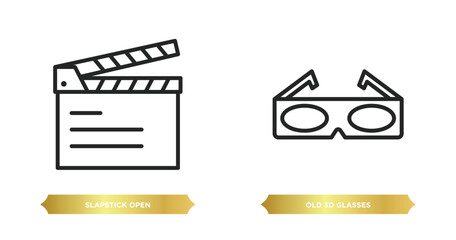 two editable outline icons from cinema concept. thin line icons such as slapstick open, old 3d glasses vector.