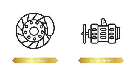 two editable outline icons from car parts concept. thin line icons such as car disc brake, car alternator vector.