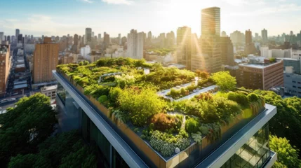 Foto op Aluminium Aerial view of green rooftop garden showcasing sustainable city urban development © leszekglasner