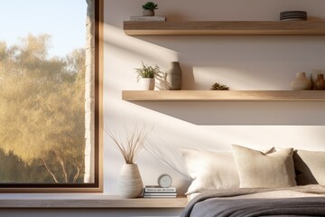 Warm Cozy Bedroom Interior with Sunlight Hitting Wooden Shelves with White Pots and Beige Pillows